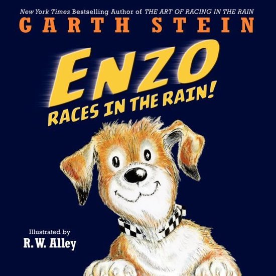 Boekomslag van "Enzo Races In The Rain!" met een illustratie van een vrolijke hond en de tekst "Enzo Races In The Rain!"