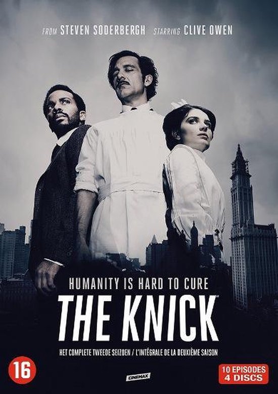 Dvd-hoes van The Knick, seizoen 2, met drie personen voor een stadsgezicht. "HUMANITY IS HARD TO CURE."