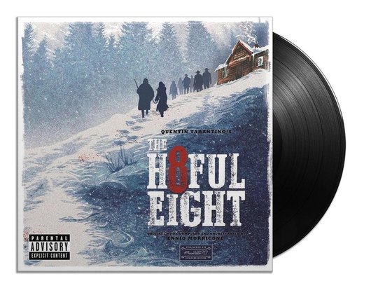 Vinylplaat van 'The Hateful Eight' met albumhoes: besneeuwde helling, figuren, blokhut en "PARENTAL ADVISORY".