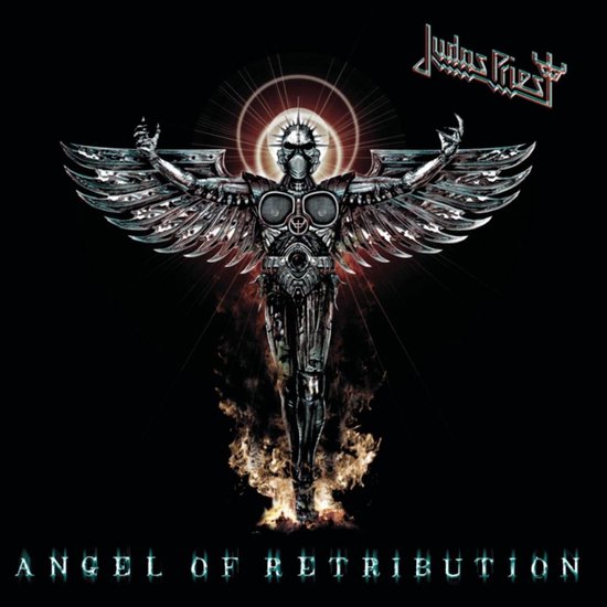 Album cover 'Angel of Retribution' van Judas Priest met een mechanische engel met vleugels en vlammen.