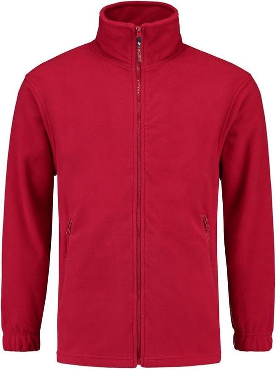 Rood fleecevest met rits en zakken, vooraanzicht.