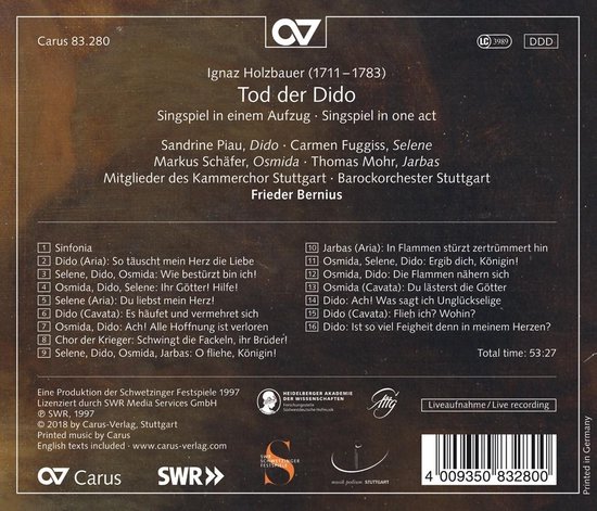 Achterkant CD Ignaz Holzbaur Tod der Dido. Tracklist inclusief Sinfonia, Dido (aria), Selene, Osrinda, Dido, Jarbas. Carus, SWR.