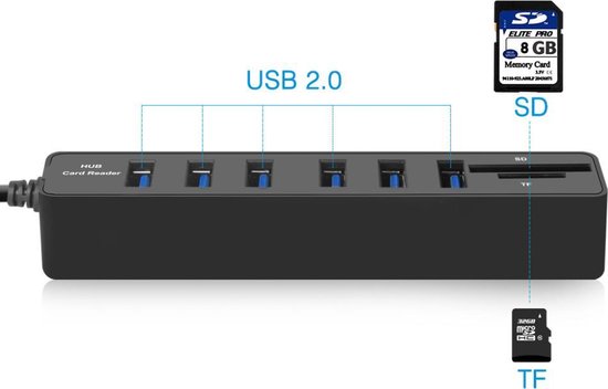 Usb 2.0 hub 6 poorten | 2 card reader | SD + Micro sd card | Zwart - Merkloos