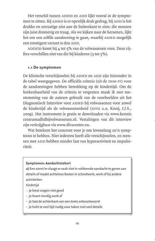 Pagina met tekst, titel '1.1 De symptomen' en een tabel met kenmerken van ADHD en ADD.