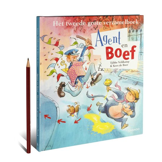 De kaft van het boek 'Agent en Boef, Het tweede grote verzamelboek' toont een agent die uit een doos valt, achtervolgd door Boef, een aapachtig figuur, met een hond. De tekst vermeldt '3 verhalen in één boek'.