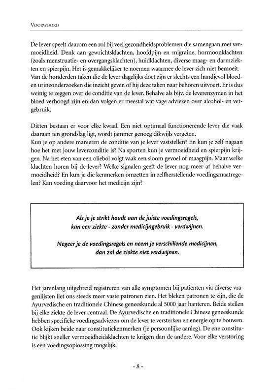 Pagina uit "Het Energie Herstelplan" met voorwoord over de rol van de lever en geneeskrachtige voeding.