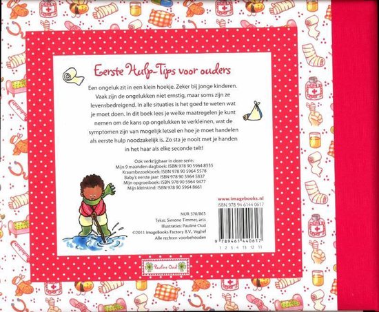 Boek 'Eerste Hulp-Tips voor ouders' met illustratie van een baby die bij de waterkant speelt, met tekst over eerste hulp bij kinderen.