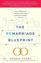Boekcover met blauwe en rode letters. De titel 'The Remarriage Blueprint' staat centraal. Daarboven staat een tekst in een hartvorm: 'How Remarried Couples and Their Families Succeed or Fail'. Onderaan staan twee trouwringen en de naam van de auteur, Maggie Scarf.