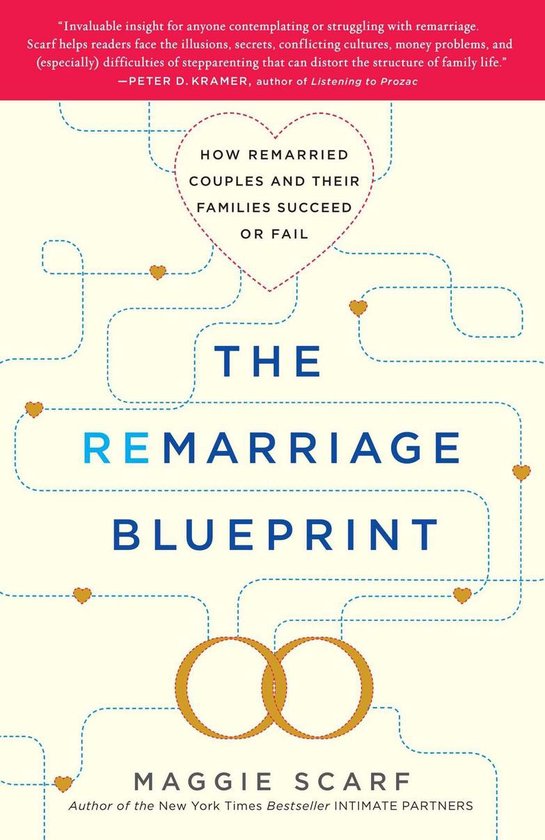 Boekcover met blauwe en rode letters. De titel 'The Remarriage Blueprint' staat centraal. Daarboven staat een tekst in een hartvorm: 'How Remarried Couples and Their Families Succeed or Fail'. Onderaan staan twee trouwringen en de naam van de auteur, Maggie Scarf.