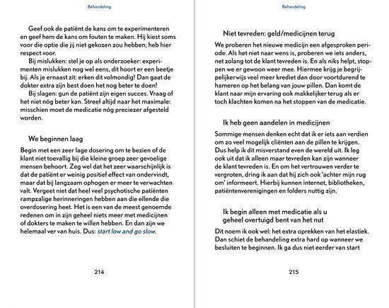 Pagina's 214 en 215 met tekst over medicatie, klachten en stoppen met medicatie.