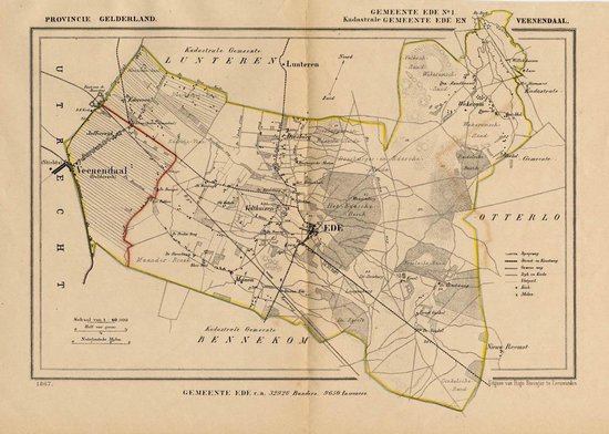 Historische kaart, plattegrond van gemeente Ede ( Ede en Veenendaal) in Gelderland uit 1867 door Kuyper van Kaartcadeau.com