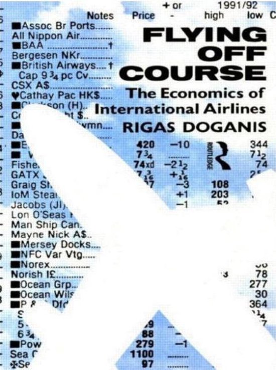 Livre "Flying Off Course: The Economics of International Airlines" par Rigas Doganis sur un fond de cotations boursières.