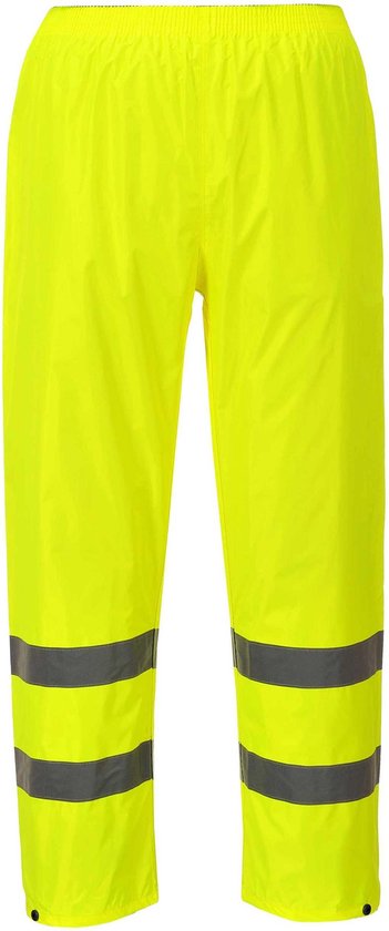 Pantalon de pluie Portwest jaune fluo avec ceinture élastique et deux bandes horizontales réfléchissantes par jambe.