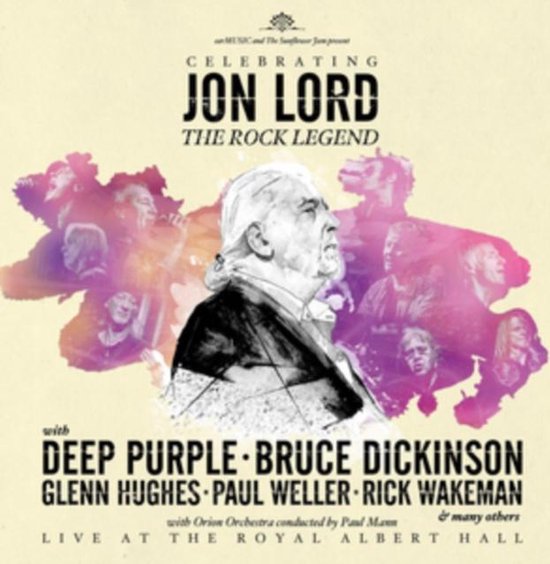 Albumcover 'Celebrating Jon Lord The Rock Legend'. Een illustratie van Jon Lord, omringd door paarse vlekken met portretten van artiesten.