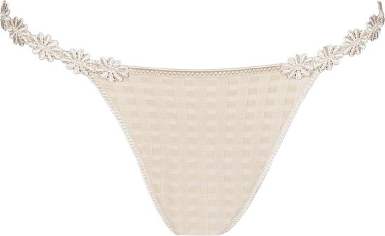 Nude string met bloemenrand en ruitjespatroon.