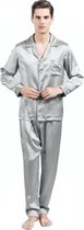 Heren zijden pyjama set (lange mouwen, lange broek), Parelmoer grijs, XXL