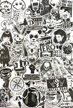 Random mix van 100 coole vinyl stickers in zwart wit - UV bestendig, watervast, verwijderbaar - Geschikt voor binnen en buiten - Plaatjes voor Laptop, auto, koelkast, skateboard,