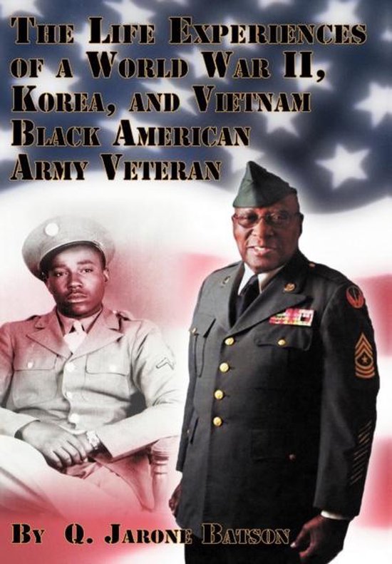 Boekomslag met een zwarte Amerikaanse veteraan in uniform, voor een Amerikaanse vlag en een jongere versie van zichzelf.