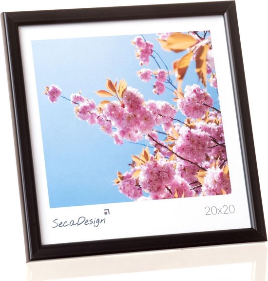 Zwarte fotolijst, liggend, met een foto van roze bloesems tegen een blauwe lucht en de tekst '20x20'.