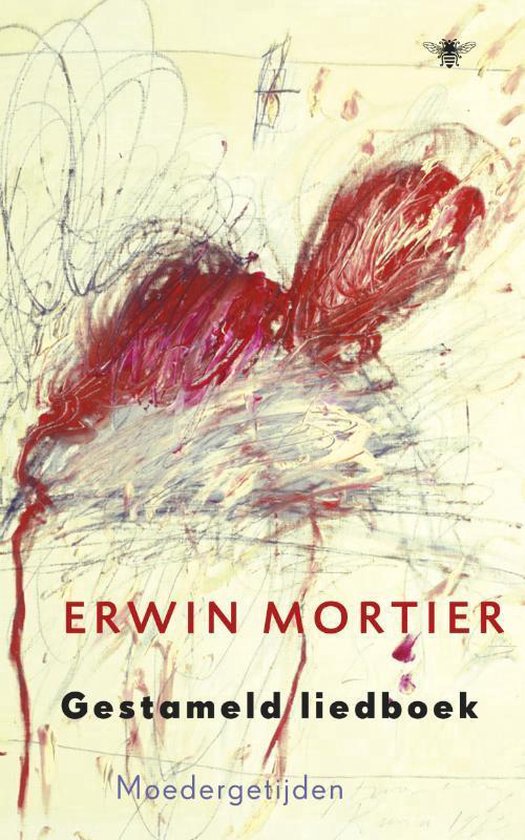 Boekcover 'Gestameld liedboek' van Erwin Mortier. Abstracte rode en witte verfstreken met een bijtje bovenaan.