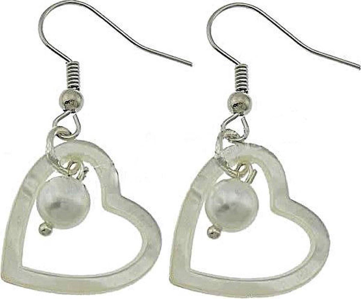 Zoetwater parel oorbellen met parelmoer Pearl Heart Shell - oorhangers - echte parels - sterling zilver (925) - wit - hart