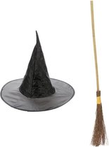 Halloween - Heksen accessoires set hoed met bezem 100 cm voor meisjes