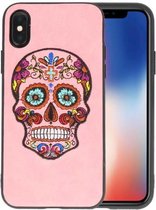 Borduurwerk Doodshoofd Back Cases - Hoesje Geschikt voor iPhone X Roze