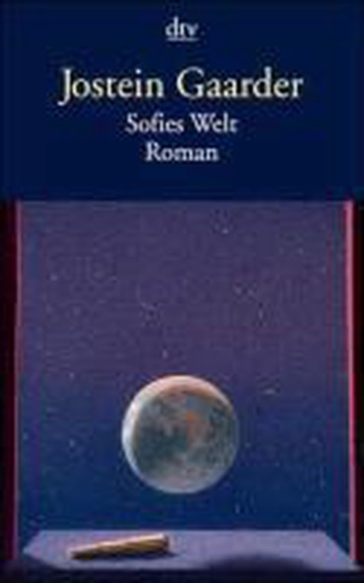Boek "Sofies Welt" van Jostein Gaarder met op de cover een maan en een pen.