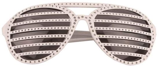 Witte disco bril met lamellen, versierd met zilveren dots.