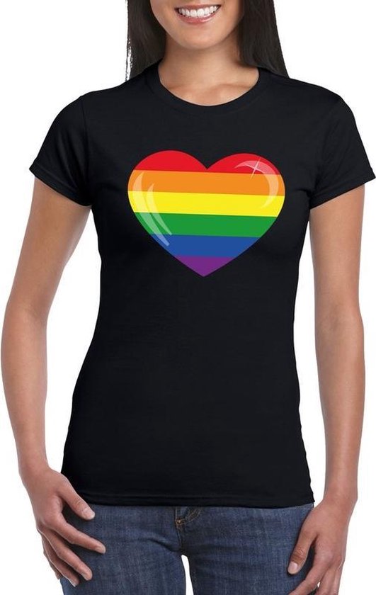 Gay pride t-shirt met Regenboog vlag in hart zwart dames XS