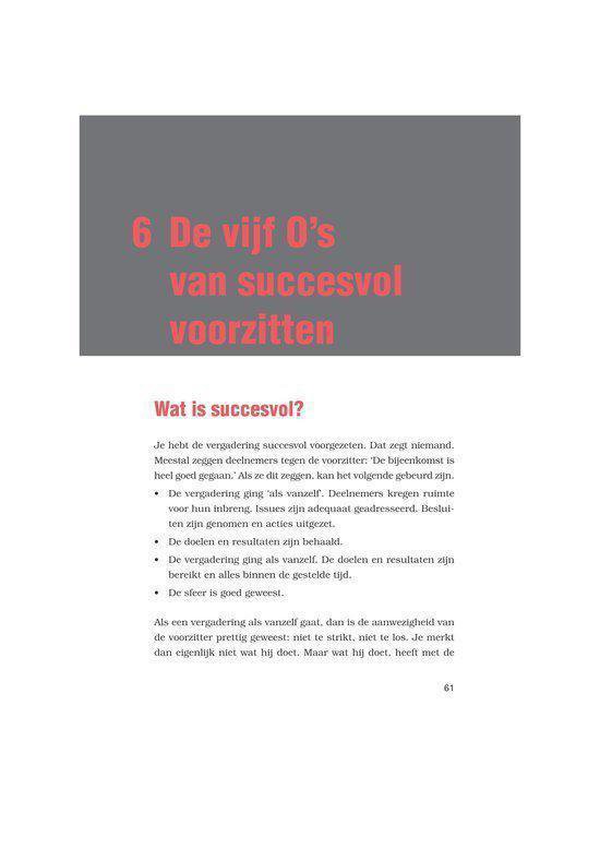 Grijze balk met de titel '6 De vijf O's van succesvol voorzitten' in grote rode letters.