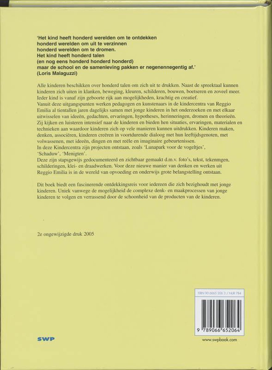 Achterkant van het boek 'De honderd talen van kinderen' met tekst en ISBN.