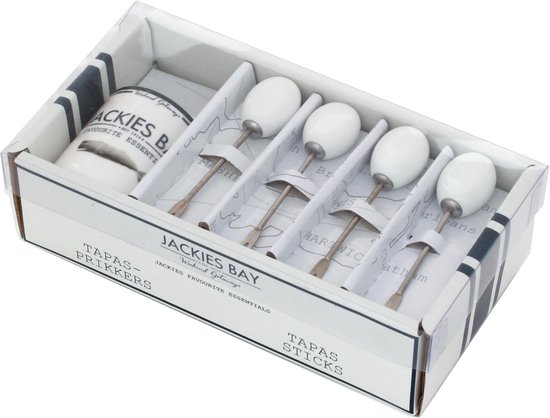 Jackies Bay set van 4 witte tapas prikkers met ronde doppen en een houder, in verpakking.