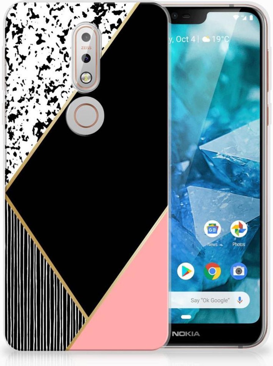 Nokia 7.1 TPU Hoesje Zwart Roze Vormen