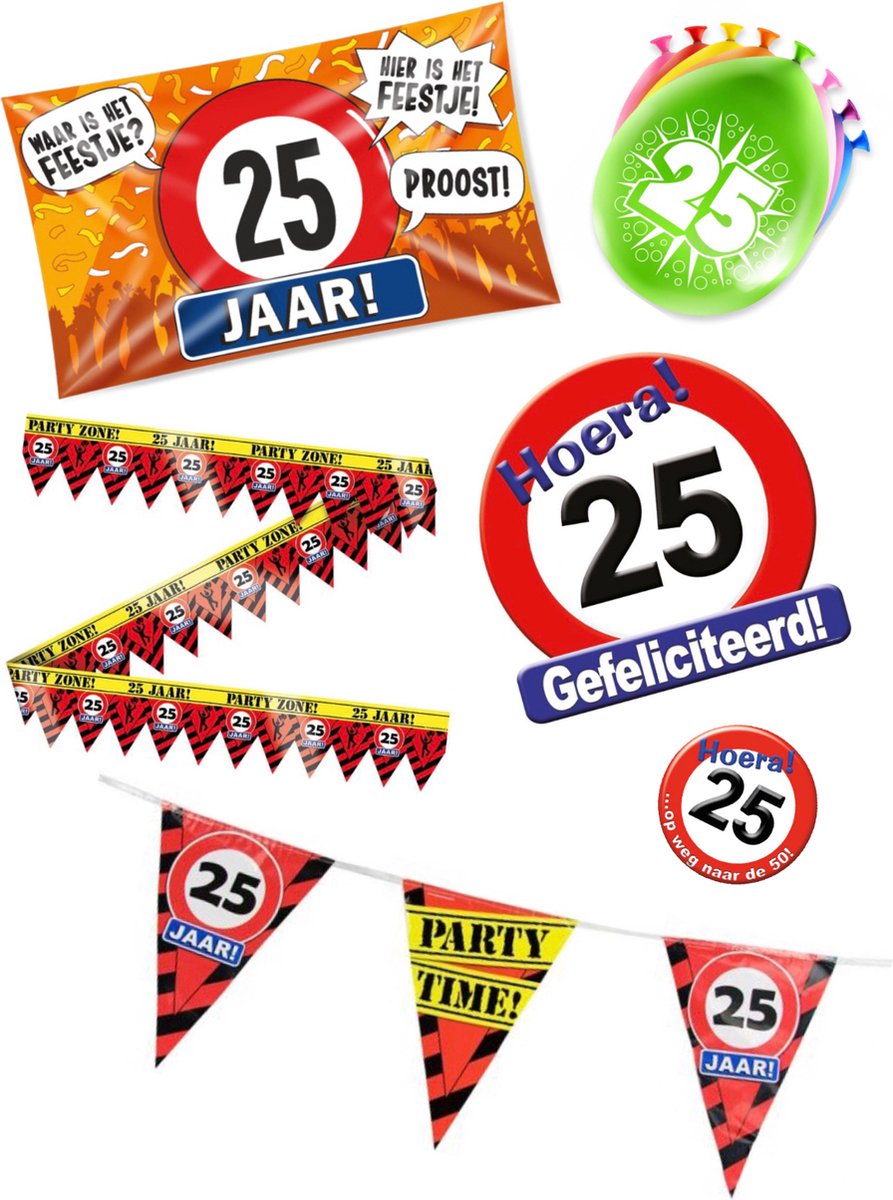 25 jaar verjaardag versiering pakket – vlag - gevelvlag – ballon – paperdreams