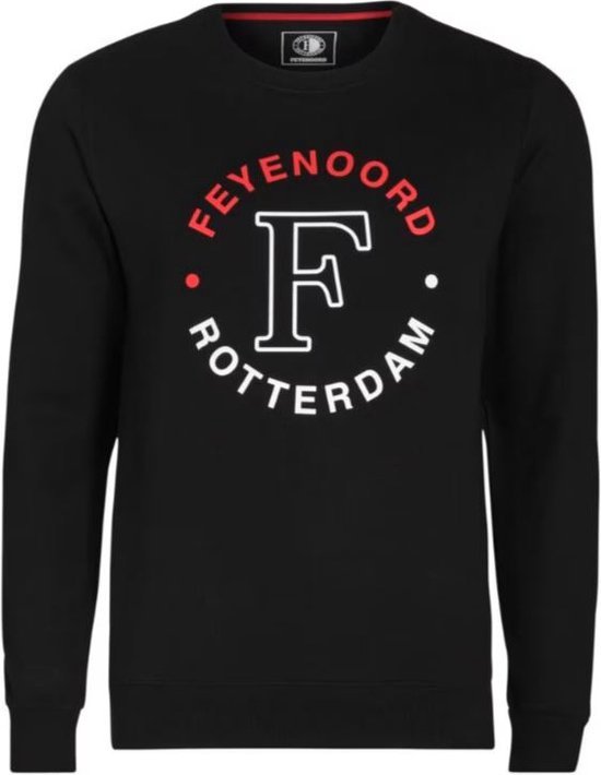 Zwarte trui met lange mouwen en op de borst een ronde opdruk met 'FEYENOORD ROTTERDAM' en een grote 'F'.