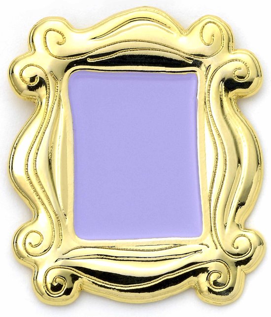 Broche dorée style cadre 'Friends', avec un centre violet.