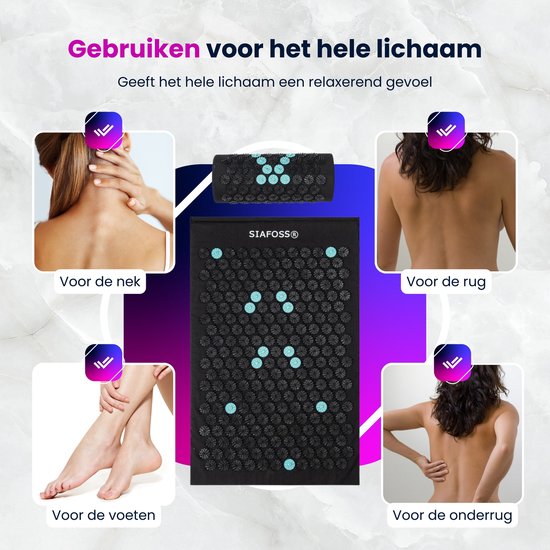 SiaFoss Spijkermat met Kussen en Triggerpointballen - 70x42x2 cm - Acupressuur Mat met Draagtas - Acupunctuur Spijkerbed - Shakti Massage - Massage mat