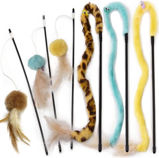 Cobee 3-pack kattentoverstaf speelgoedset, 30 cm interactieve toverstaf met regenbooglint string luipaardprint stoffen koord voor kitten training en sporter