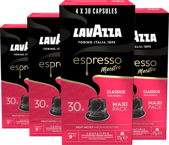Lavazza Espresso Classico Koffiecups - 120 Cups - 100% Arabica Koffie - Intensiteit: 9/13 - 4 x 30 Aluminium Capsules - Geschikt voor Nespresso