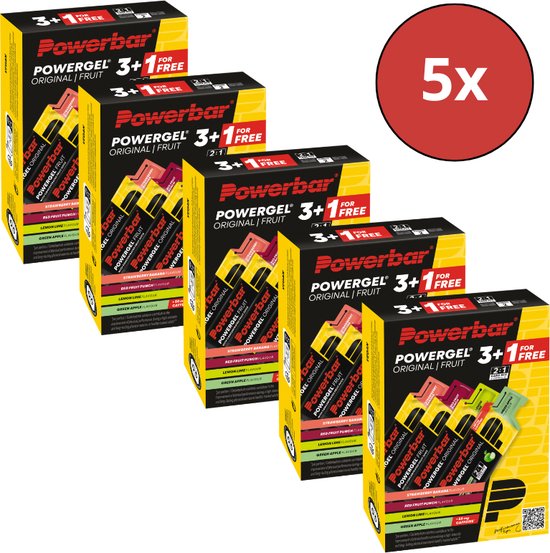 Cinq packs avantage Powerbar Powergel 3+1 gratuits avec des gels énergétiques saveurs fraise, fruits rouges, citron et pomme verte.