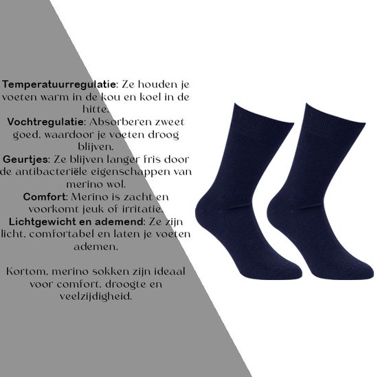 Twee donkerblauwe merinowollen sokken, gedetailleerde informatie over comfort en warmte.