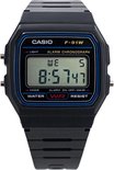 Montre numérique Casio F-91W noire avec écran carré, affichant le jour 'WE' et bracelet noir.