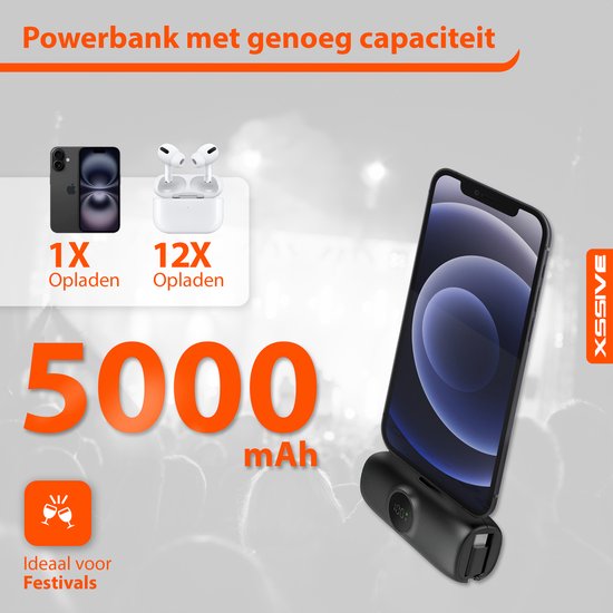 Mini Powerbank 5000 mAh - Compatible avec iPhone 14 Pro Max / iPad avec port Lightning - Chargeur rapide USB C 20 W intégré pour iPhone 16 Pro Max - Chargeur Fast 20 W - Compact et léger - Zwart