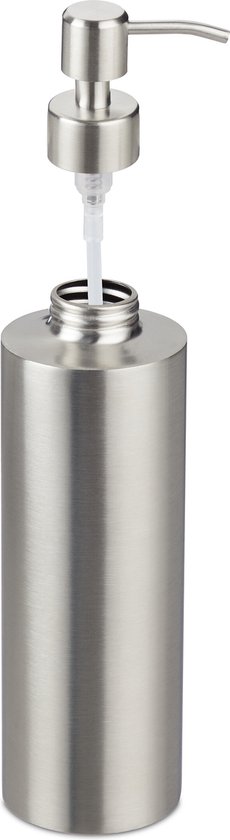 Zilverkleurig RVS zeepdispenser met de pomp er los naast.