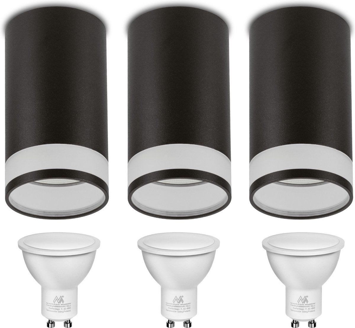Maclean MCE361 B - Opbouwspot - Rond - Aluminium - Zwart - 3 Stuks - Met GU10 LED Lamp 4000K 7W