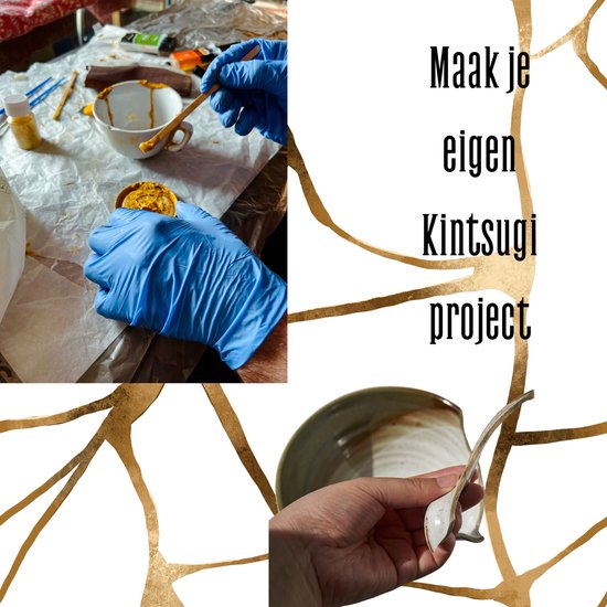 Maak je eigen Kintsugi project: iemand repareert een kom met blauwe handschoenen.