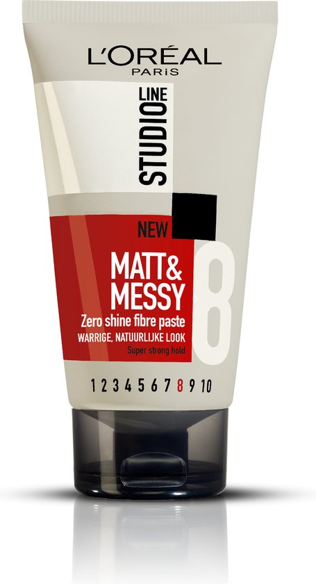 Witte L'Oréal Studio Line tube met rode band en 'Matt & Messy' opschrift
