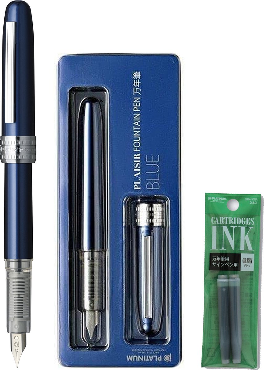 Platinum Japan - Plaisir Fountain Pen - FIJN - Vulpen - Blauw - penpunt: fijn 03 - Met extra navullingen Groen