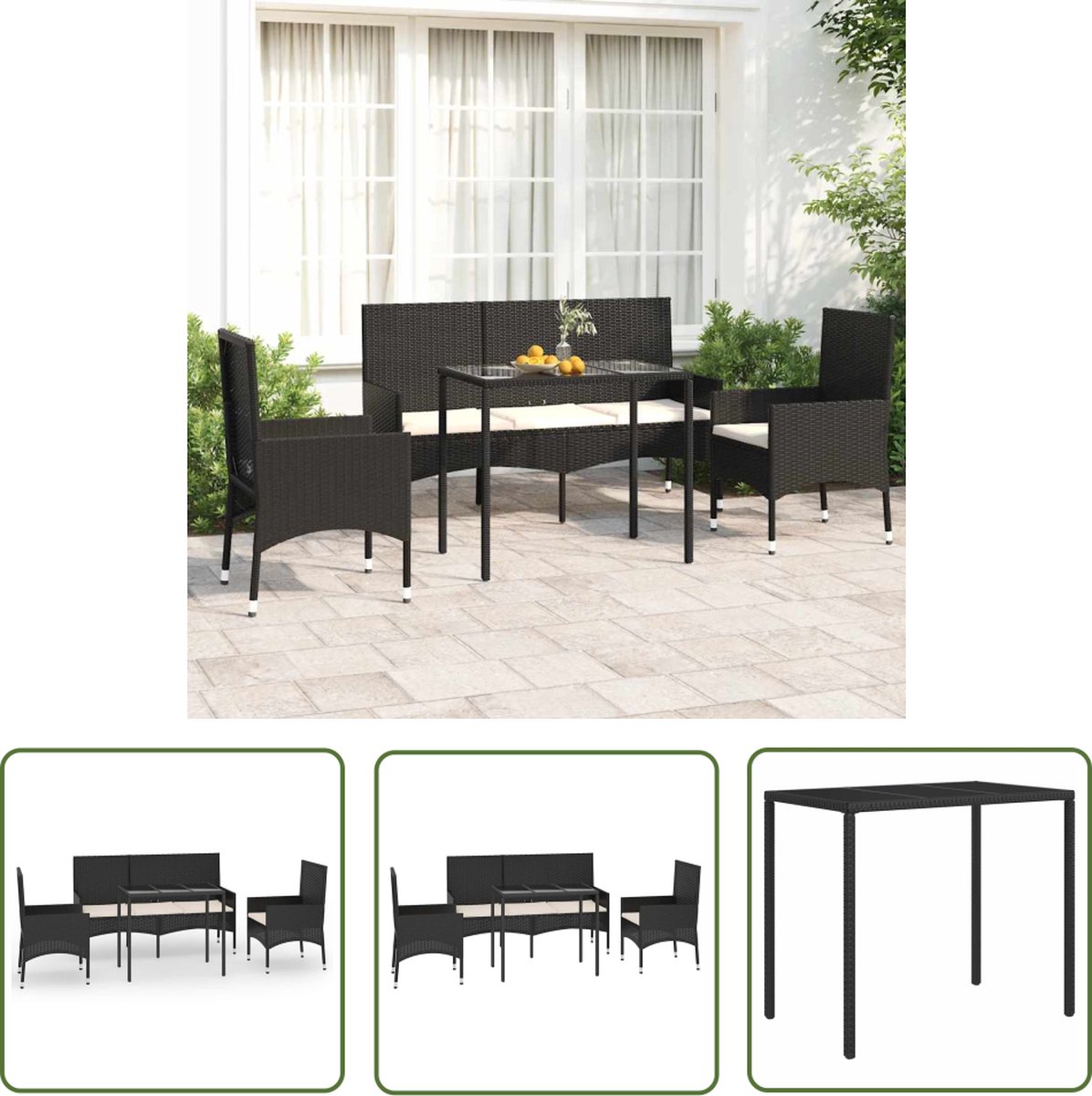The Living Store 4-delige Loungeset met kussens poly rattan zwart - Loungebank - Lounge Set - Buitendecor - Tuinmeubel - Tuinlounge